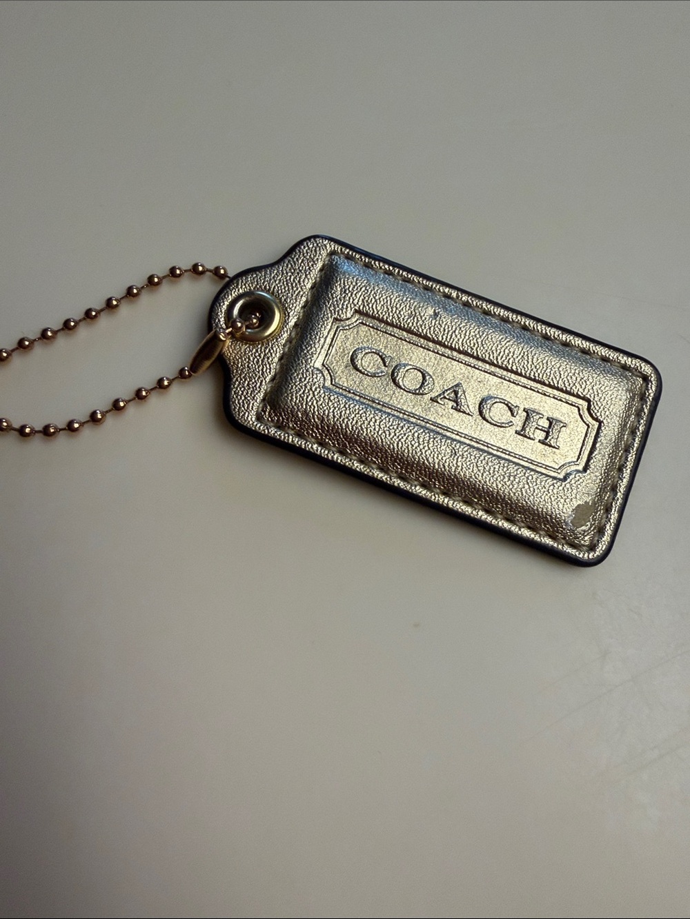 Coach Metallic Gold Leather Tag Keyring with Gold-Tone Chain